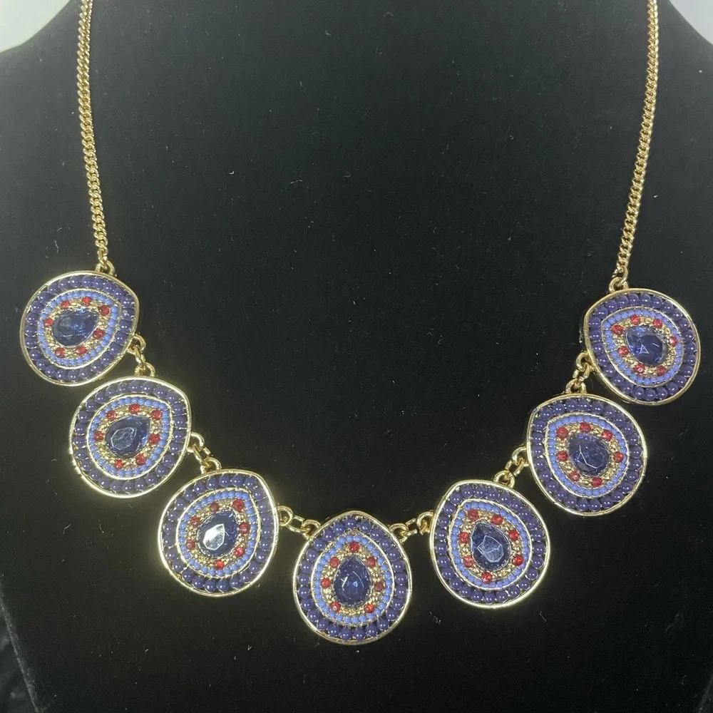 Blue Teardrop Necklace & Earring Set Blue Red Beads / Stones Gold-Tone NWOT